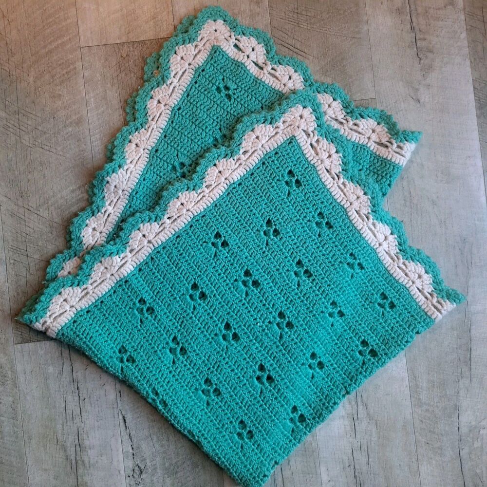 Vintage Knit Throw Baby Blanket Crochet 34x42" Teal Blue Granny Handmade Afghan